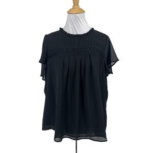 Torrid Blouse Women 00 M/L Black Chiffon Smocked Pin Tuck Flutter Short Sleeve
